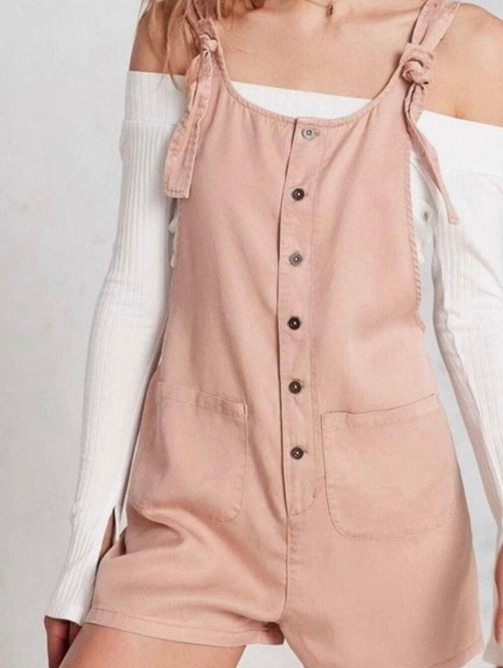 Urban Outfitters Romper Jumpsuit Peach Button Front Tie Strap Pockets Womens Lg